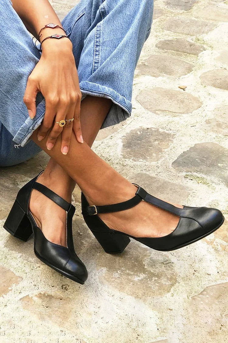 Patchwork Solid Color T-Strap Buckle Black Chunky Heels