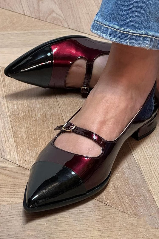 Instep Strap Buckle Patchwork Pointed Toe Burgundy Flats [Pre Order]