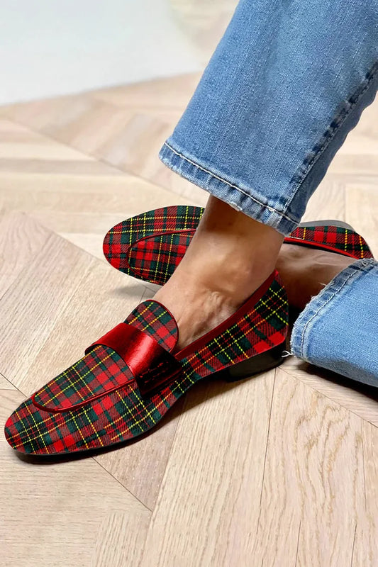 Plaid Patchwork Round Toe Casual Red Loafers [Pre Order]