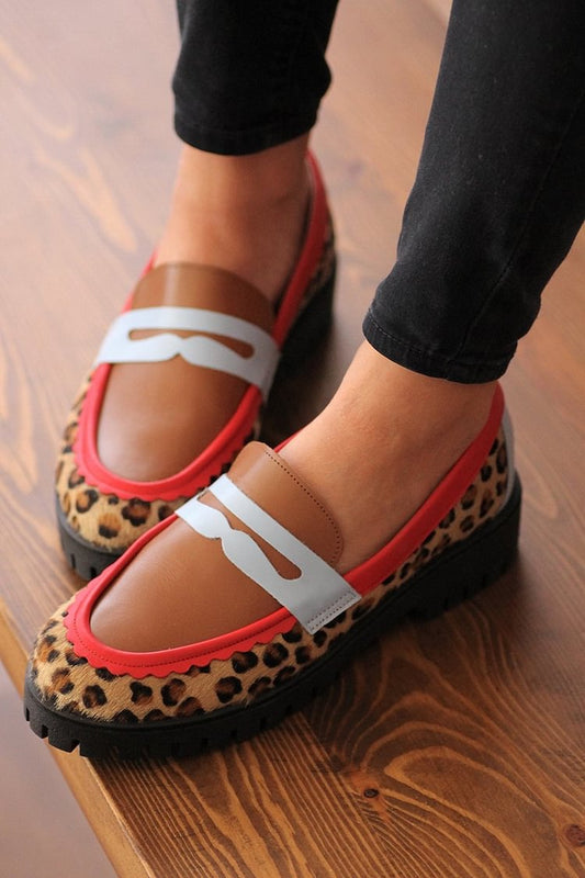 Colorblock Leopard Print Round Toe Brown Loafers [Pre Order]