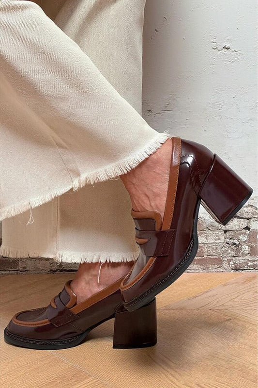 Talons épais marron foncé à bout rond patchwork avec bordure contrastée [Précommande]