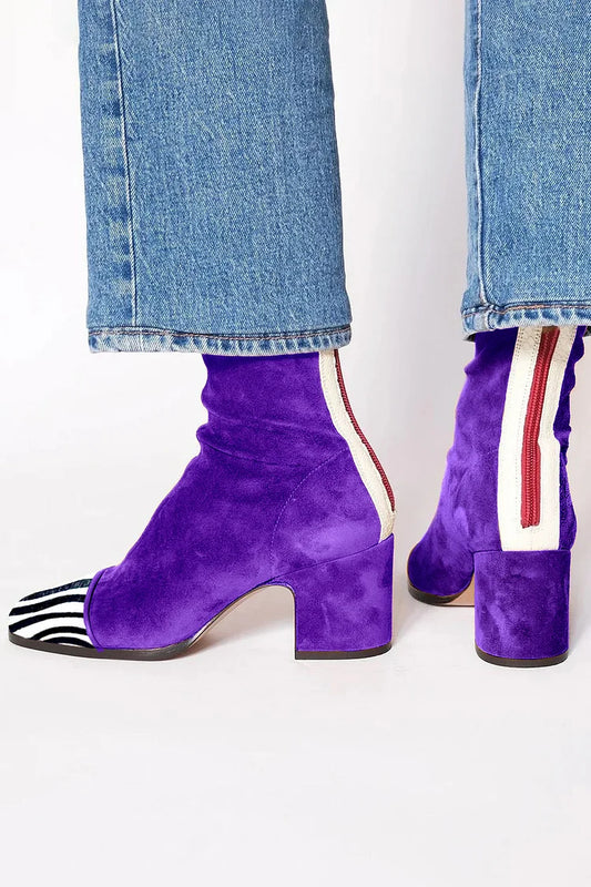 Square Toe Zebra Print Patchwork Purple Chunky Heel Boots