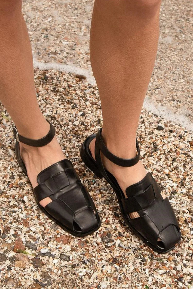 Ankle Strap Buckle Woven Square Toe Black Sandals