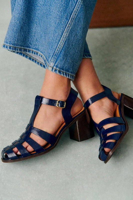 Woven Round Toe Hollow Out Navy Chunky Heels [Pre Order]