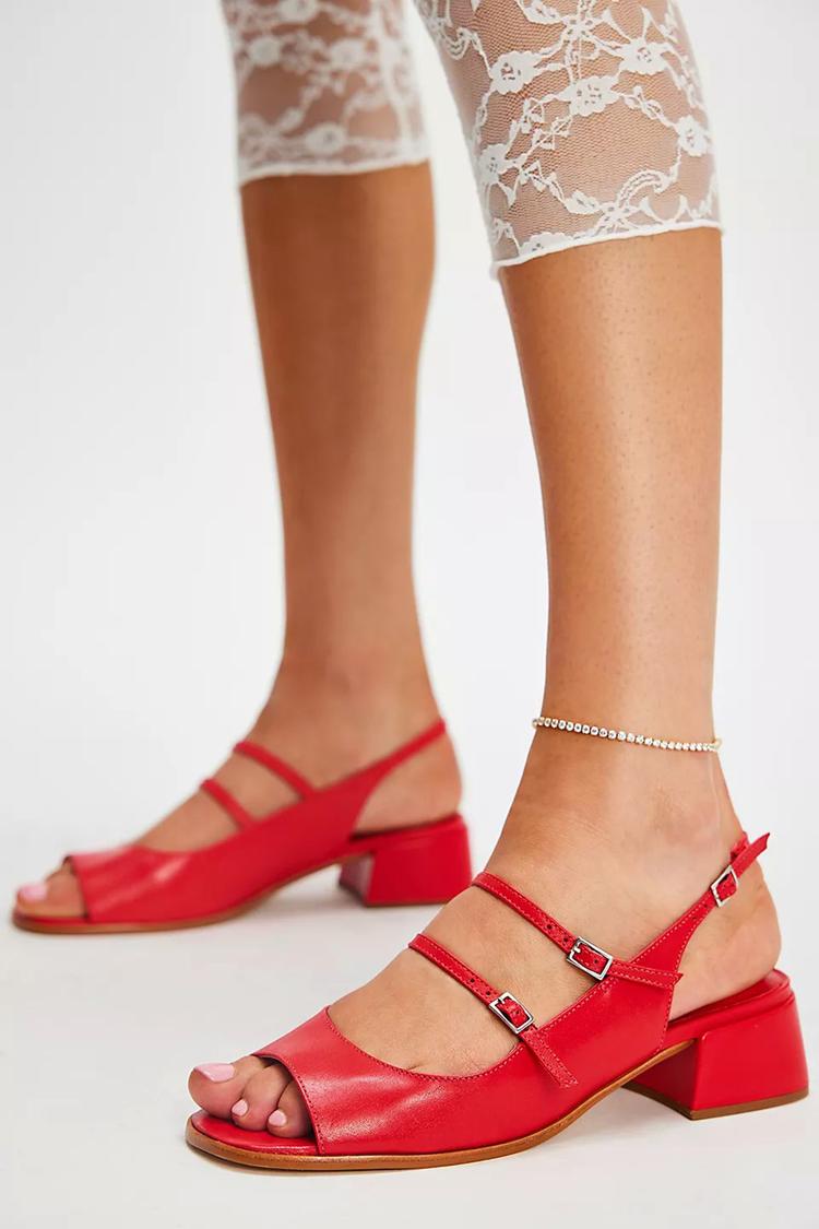 Scarpe con tacco grosso, slingback, punta aperta, fibbia a due cinturini, rosse [Pre-ordine]