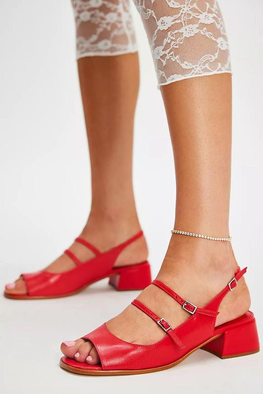 Scarpe con tacco grosso, slingback, punta aperta, fibbia a due cinturini, rosse [Pre-ordine]