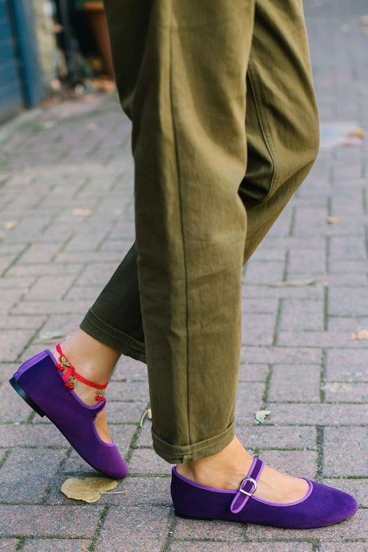 Kontrast Bindenaht Spannriemen Schnalle Rundzehen Lila Ballerinas [Vorbestellung]