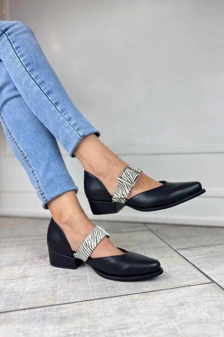 Zebra Print Instep Strap Buckle Pointed Toe Black Low Heels [Pre Order]