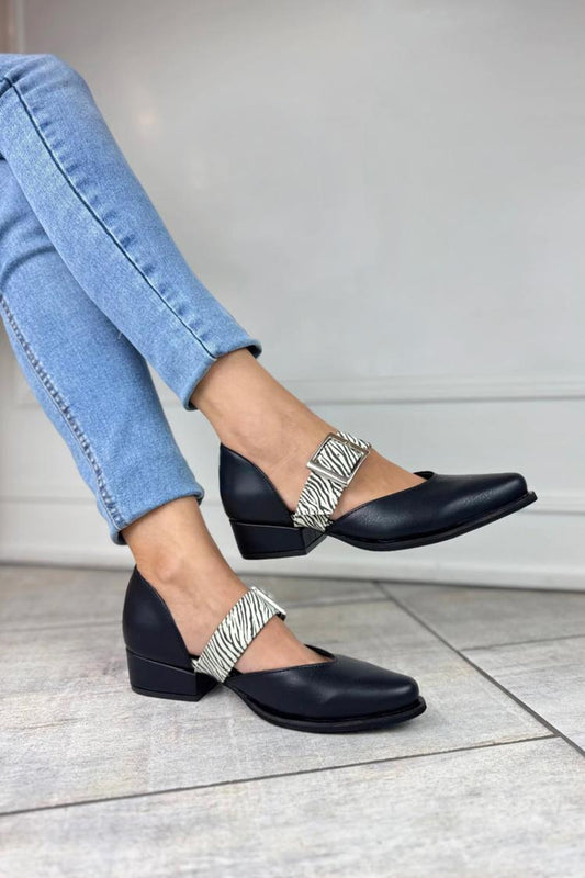 Zebra Print Instep Strap Buckle Pointed Toe Black Low Heels [Pre Order]