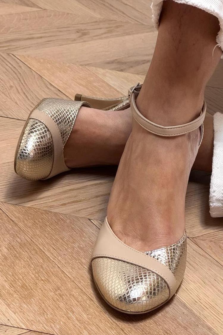 Scarpe con tacco a spillo dorate con cinturino alla caviglia patchwork e fibbia [Pre-ordine]