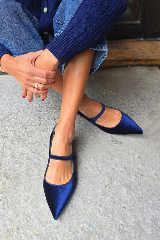 Ballerine blu navy con punta a punta, cinturino sul collo del piede in velluto tinta unita [Pre-ordine] 