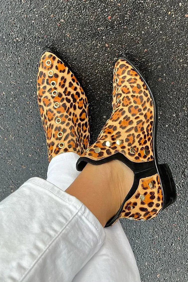 Leopard Print Metallic Studded Pointed Toe Yellow Ankle Boots [Pre Order]