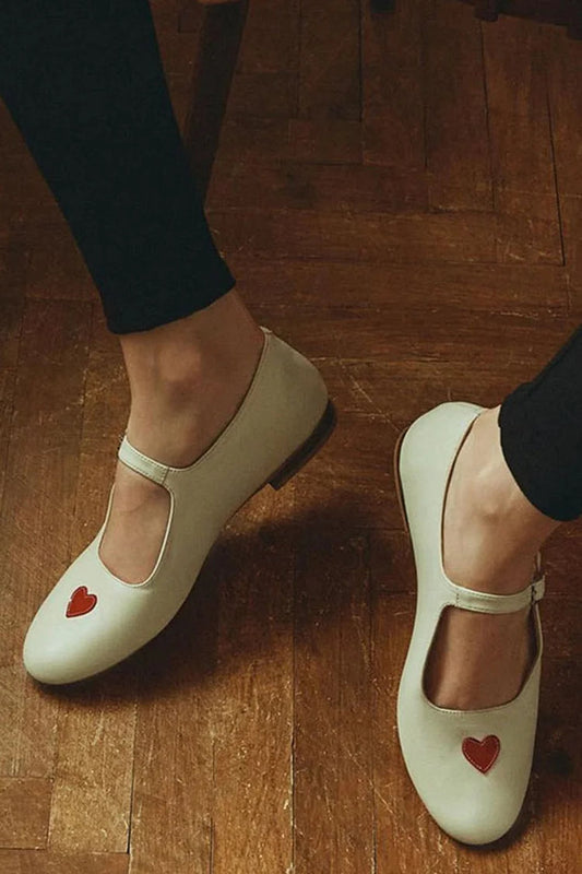 Heart Shaped Patchwork Instep Strap Buckle White Flats