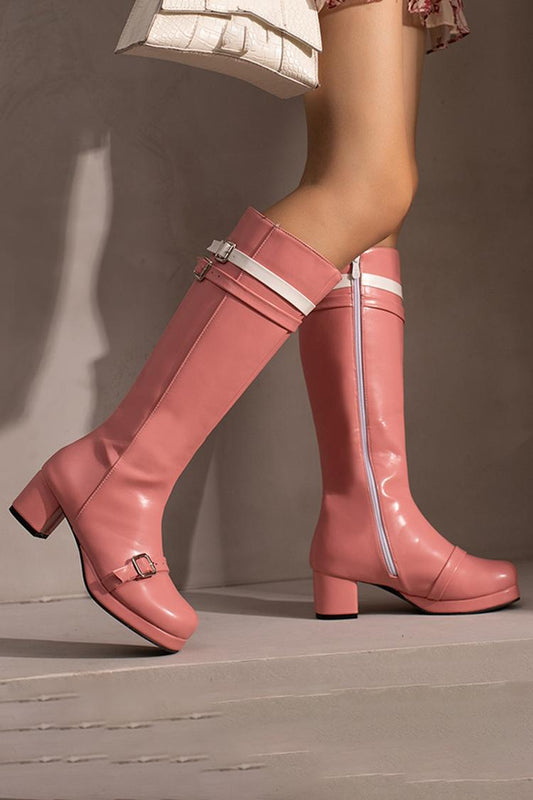 Stivali alti al ginocchio con punta quadrata, fibbia colorblock, cerniera e cinturino