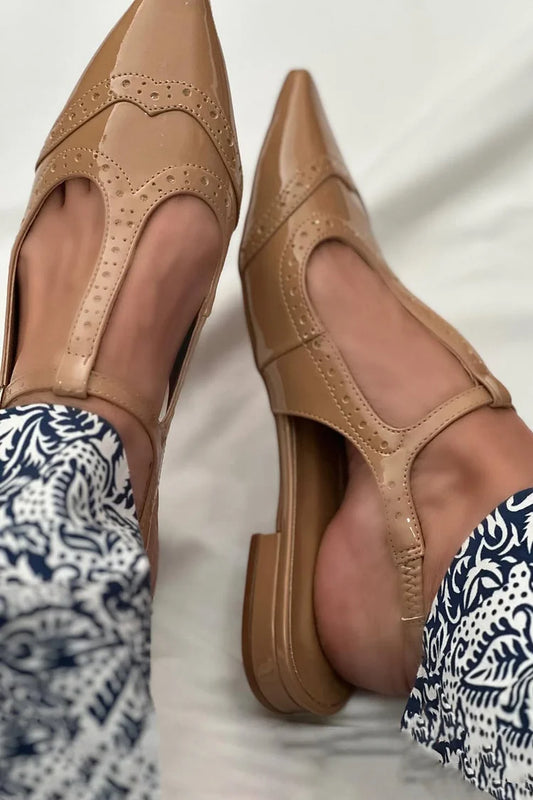 Patchwork T-Strap Buckle Pointed Toe Light Brown Flats [Pre Order]