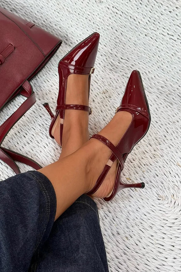 Scarpe con tacco a spillo bordeaux, cinturino sul collo del piede, fibbia e punta affilata [Pre-ordine]