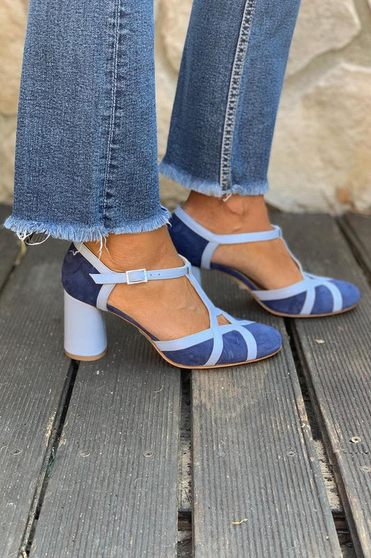 Cinturini in pelle PU patchwork in finta pelle scamosciata Scava fuori fibbia Colorblock Tacchi grossi 