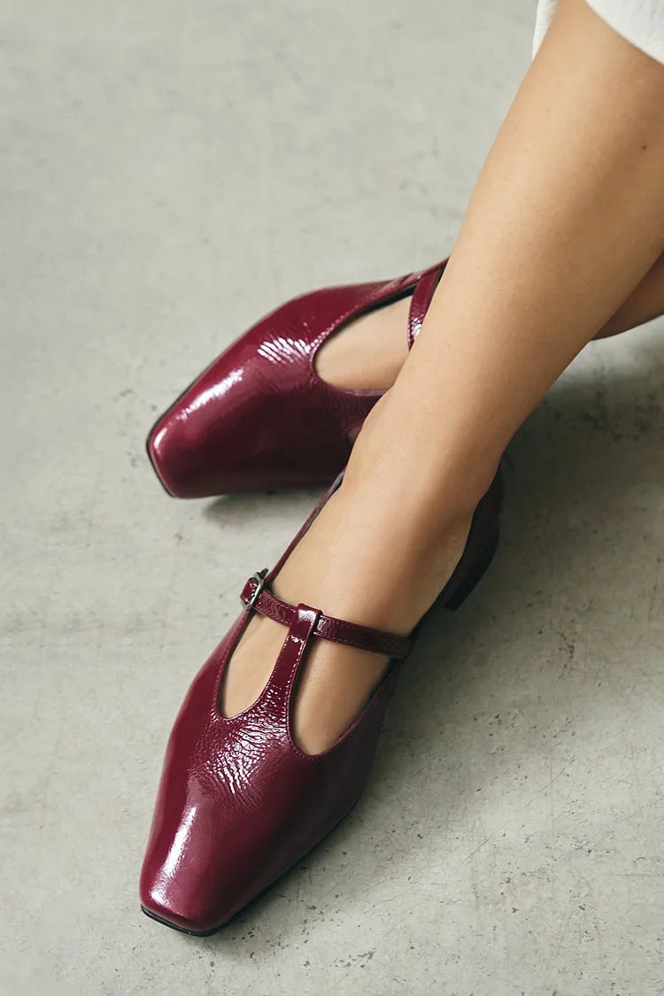 T-Strap Buckle Solid Color Square Toe Burgundy Flats [Pre Order]