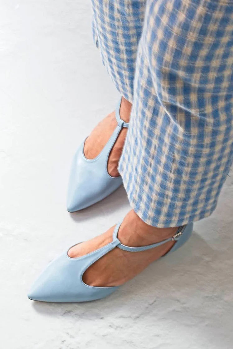 Ballerine a punta, tinta unita, con cinturino a T e fibbia, colore azzurro [Pre-ordine]