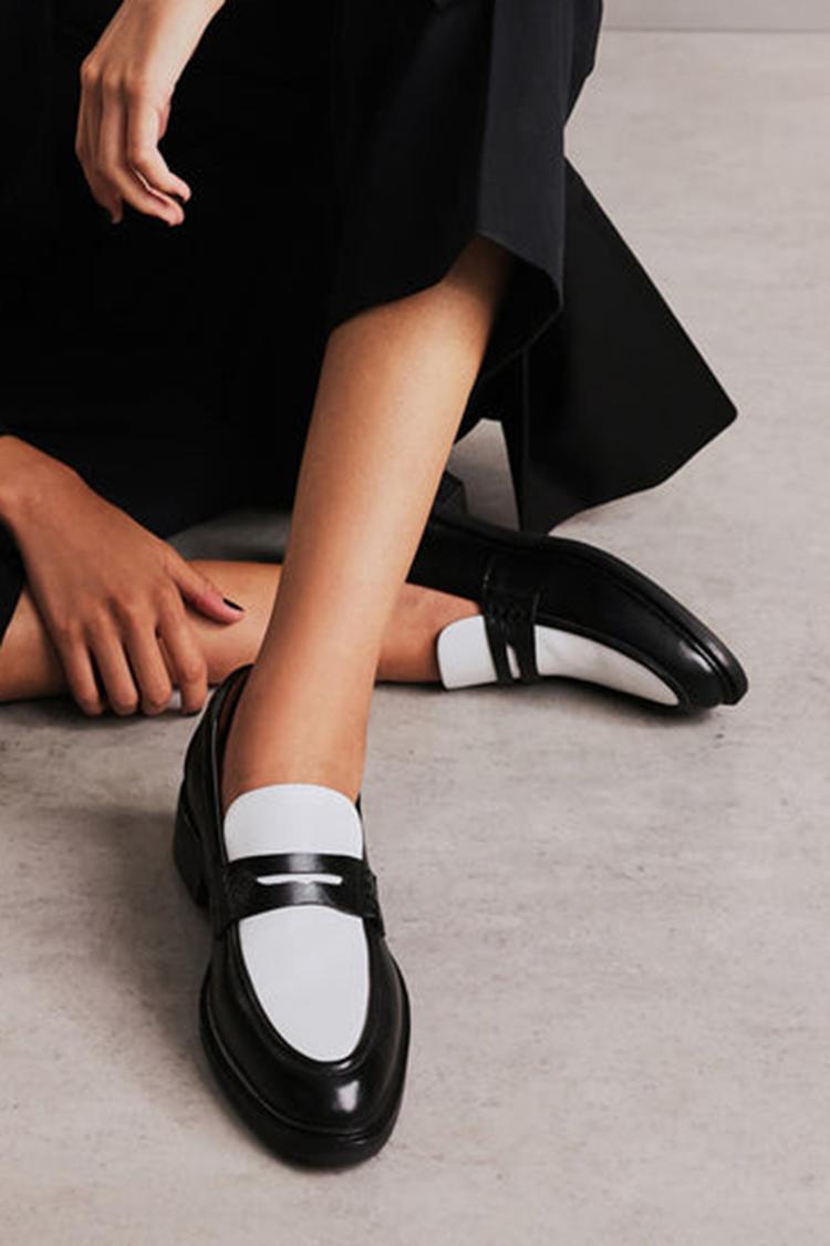 Colorblock Round Toe Low Block Heel Black Loafers [Pre Order]