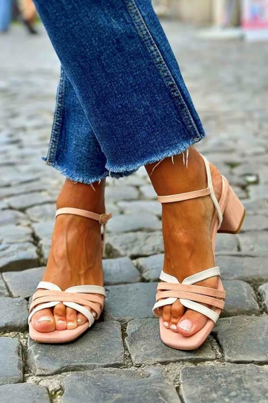 Scarpe con tacco grosso color albicocca con punta quadrata e blocchi di colore traforati [Pre-ordine]