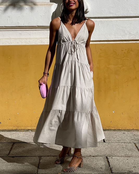 Simple suspender cotton and linen cake dress