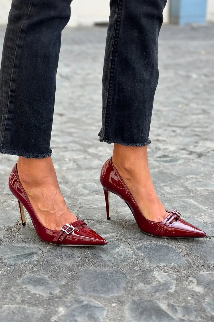 Scarpe con tacco a spillo bordeaux con due cinturini e fibbie decorative [Pre-ordine]