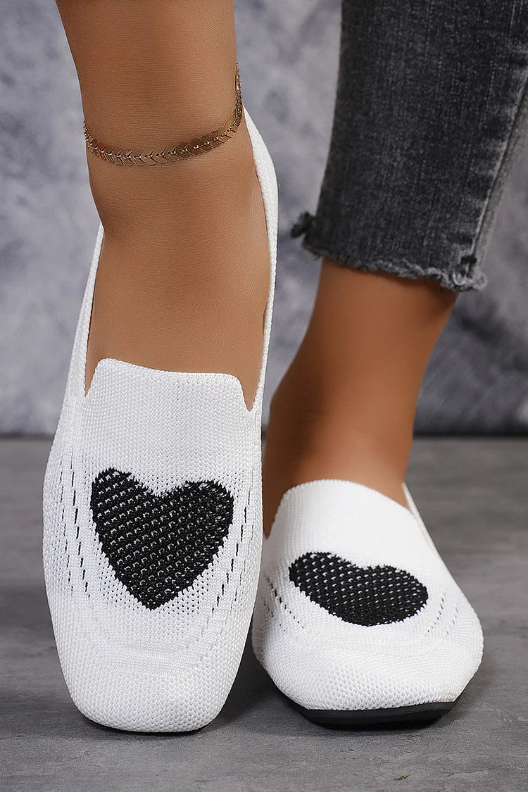 Zapatos planos informales transpirables con punta cuadrada y estampado de corazones 