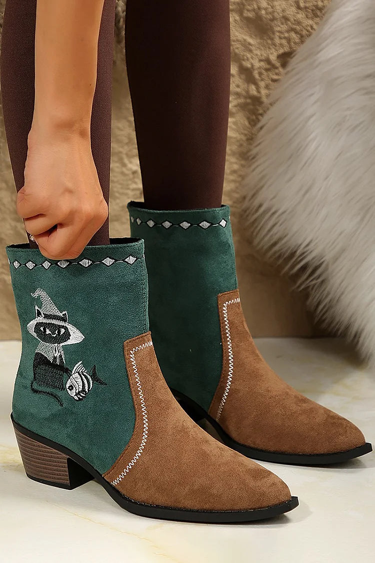 Cat Fish Embroidery Colorblock Pointed Toe Ankle Boots