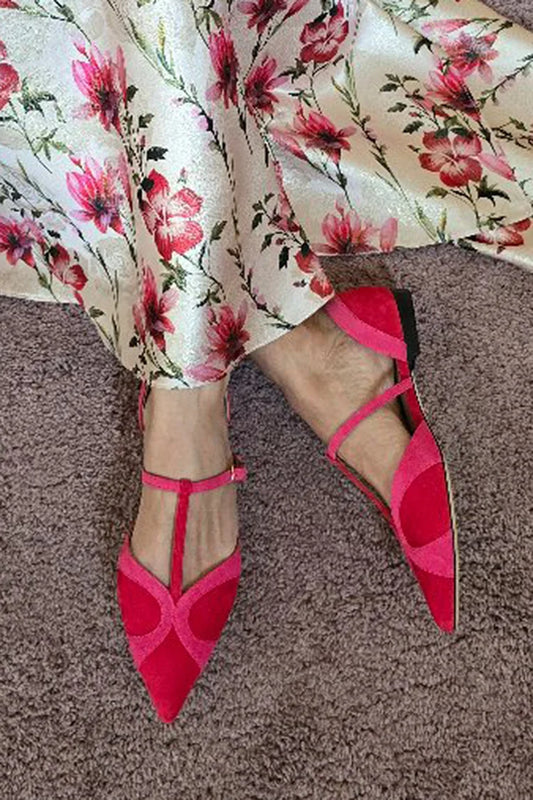 Patchwork T-Strap Buckle Pointed Toe Red Flats [Pre Order]