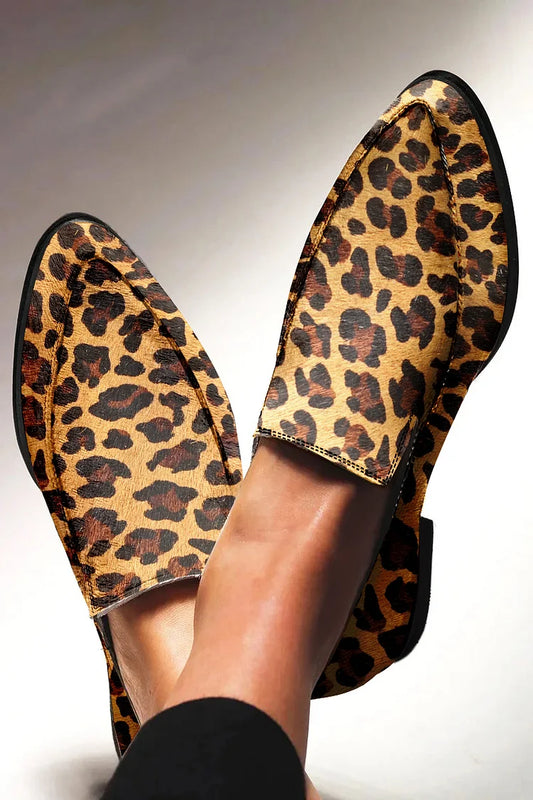 Mocassins de couro cáqui com estampa de leopardo casual de bico fino [Pre Order]