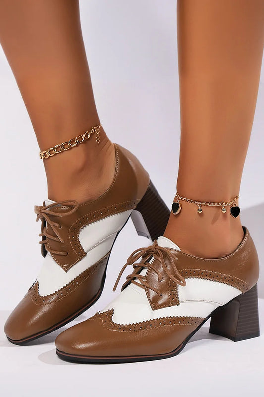 Colorblock Square Toe Patchwork Lace Up Chunky Heels