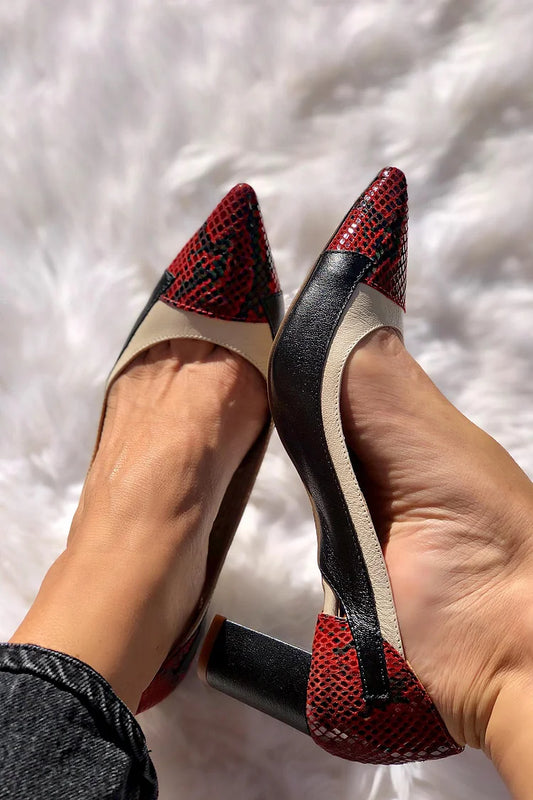 Scarpe col tacco rosso a punta con patchwork multicolore [Pre-ordine]