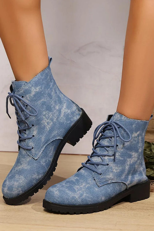 Denim Round Toe Patchwork Chunky Heel Lace Up Ankle Boots