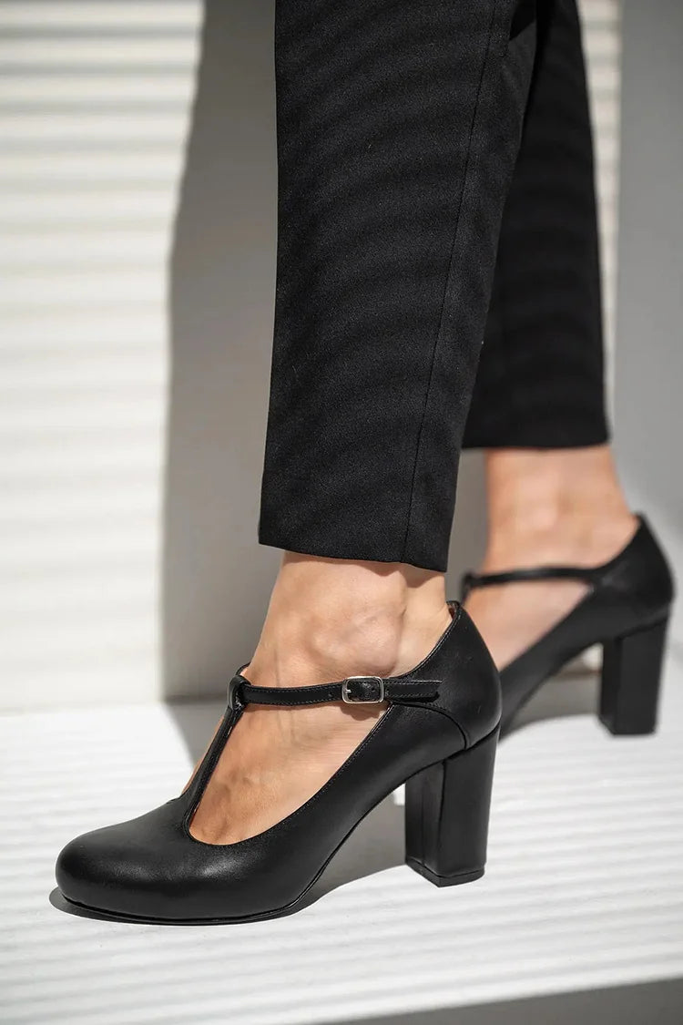 Solid Color Round Toe T-Strap Buckle Black Chunky Heels [Pre Order]