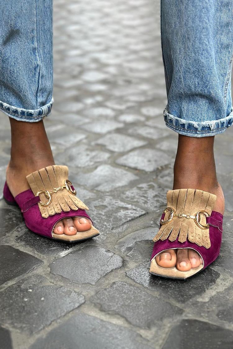 Metall Dekor Farbblock Fransen Quadratische Spitze Burgunderrote Niedrige Absätze [Vorbestellung]