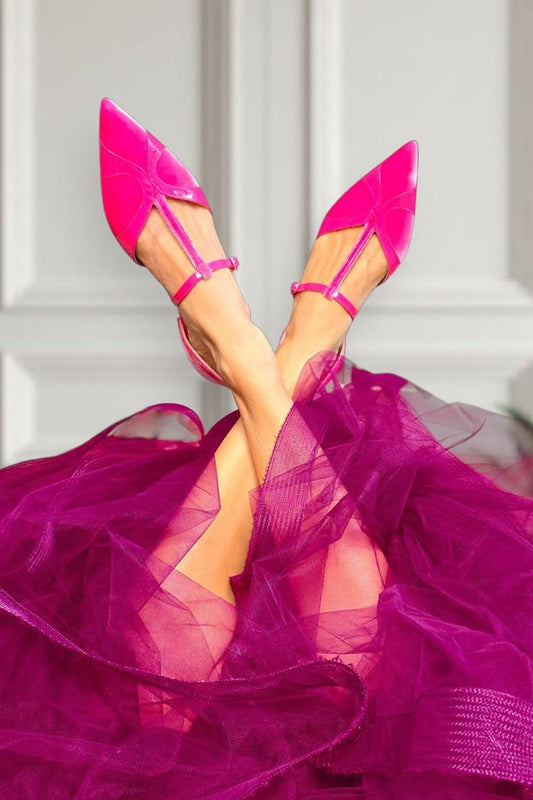 T-Strap Buckle Patchwork Pointed Toe Fuchsia Flats [Pre Order]