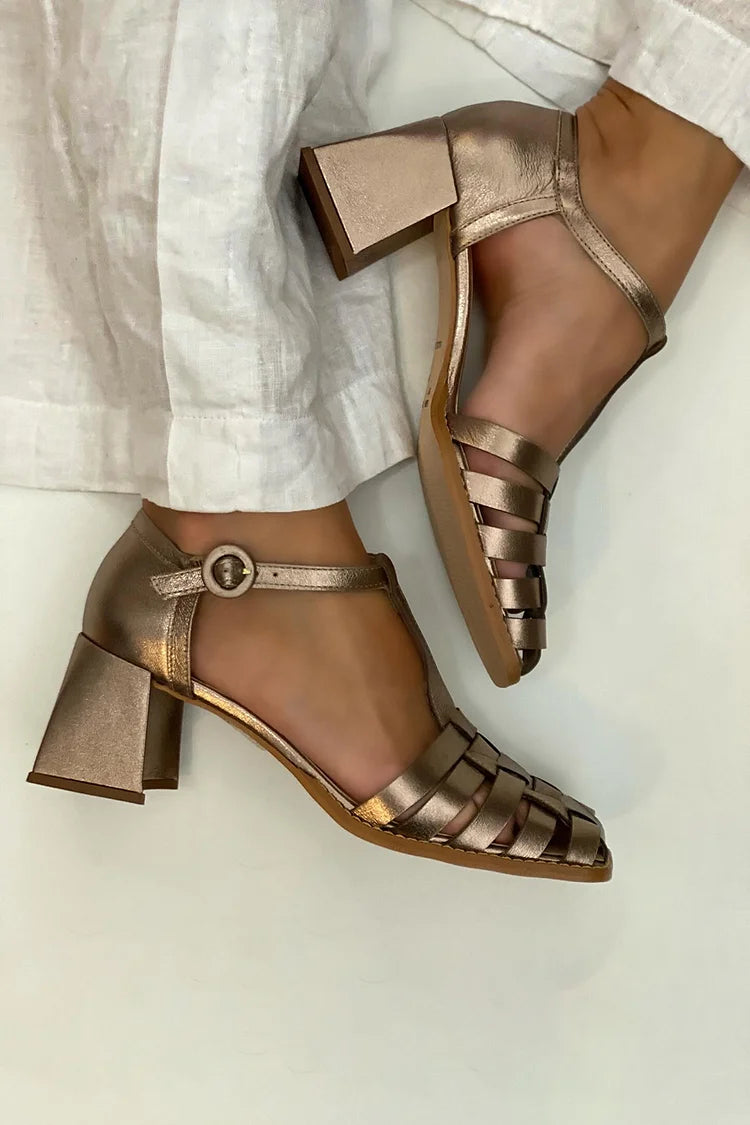 Woven Hollow Out T-Strap Buckle Square Toe Gold Chunky Heels [Pre Order]