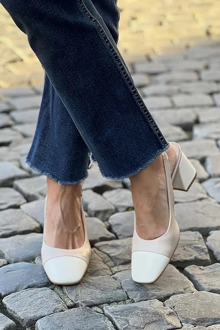 Scarpe con tacco grosso beige con punta quadrata e cinturino posteriore patchwork [Pre-ordine]