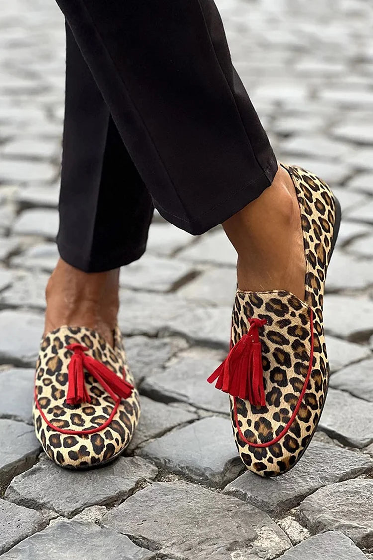 Colorblock Tassels Leopard Print Round Toe Beige Loafers