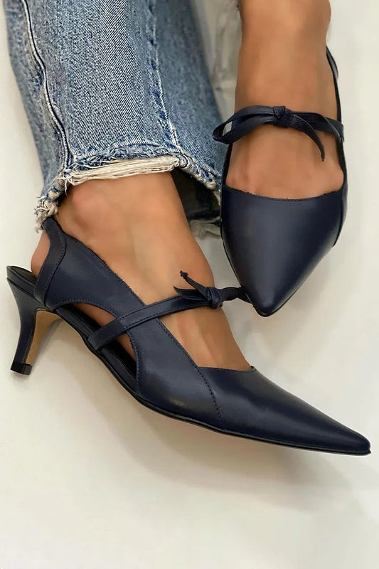 Tied Up Patchwork Pointed Toe Cut Out Black Low Heels