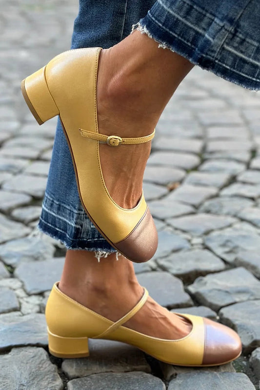 Square Toe Instep Strap Color Block Yellow Chunky Heels