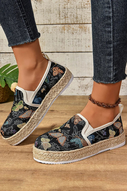 Prächtige Allover-Blumenflagge Feuerwerksdruck Rundzehen Espadrille Plateau Slipper