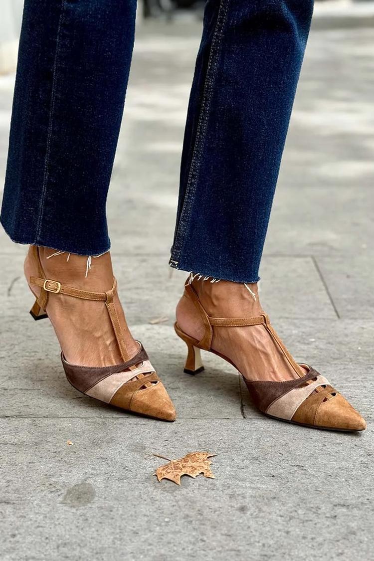 Colorblock Pointed Toe T-Strap Buckle Camel Kitten Heels