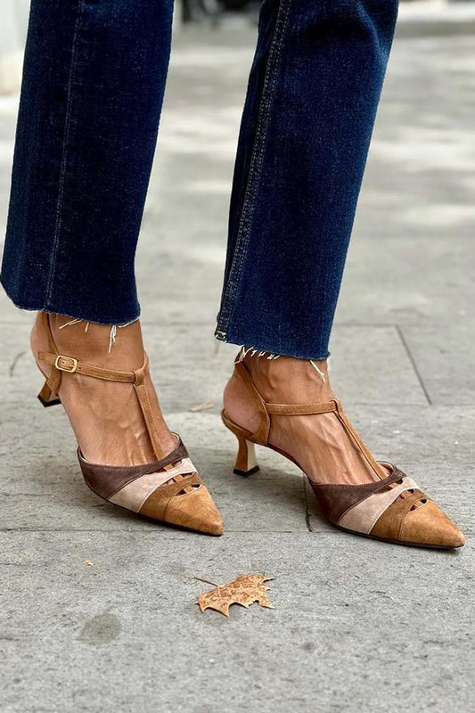 Colorblock Pointed Toe T-Strap Buckle Camel Kitten Heels