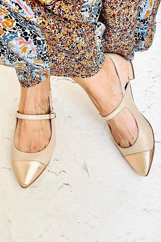 Patchwork Instep Strap Buckle Slingback Pointed Toe Khaki Flats [Pre Order]