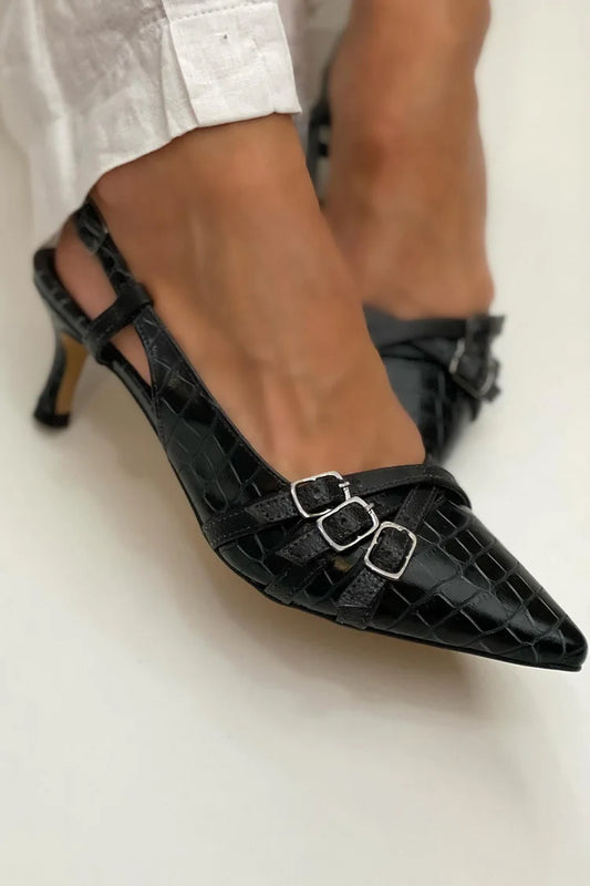 Scarpe con tacco a spillo nere con punta affilata e stampa coccodrillo [Pre-ordine]