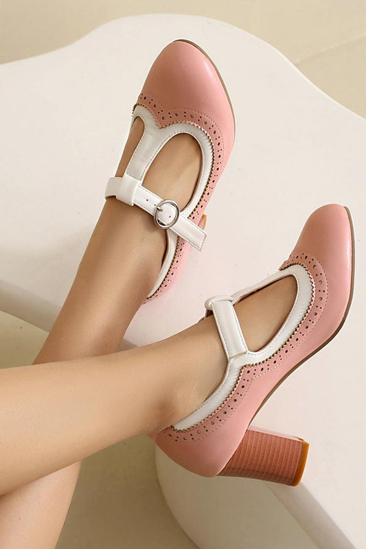 Colorblock T-Strap Buckle Round Toe Elegant Chunky Heels