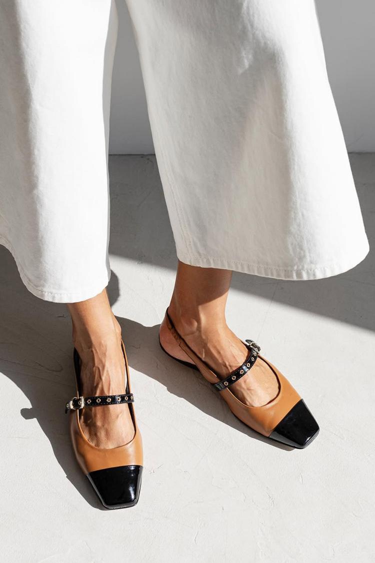 Paski na podbicie z klamrą, kolorowe baleriny z kwadratowym noskiem w kolorze brązowym [Przedsprzedaż]