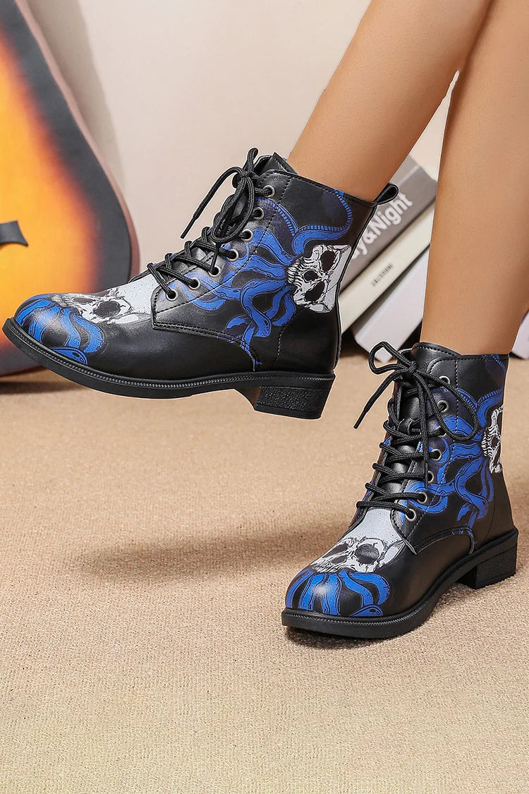 Halloween Skull Octopus Print Lace Up Round Toe Ankle Boots